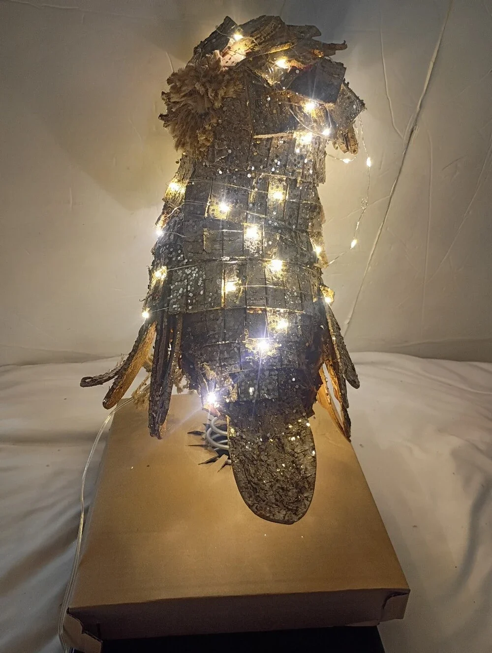 Pottery Barn Lit Owl Tree Topper - Faux Bark & Glitter, LED Lights NWOB HTF 16